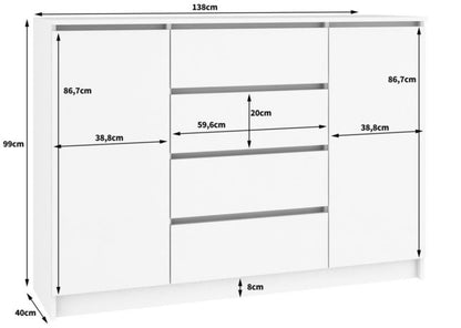 Komoda K140 138 cm 2 Døre 4 Skuffer Eg Sonoma Mat