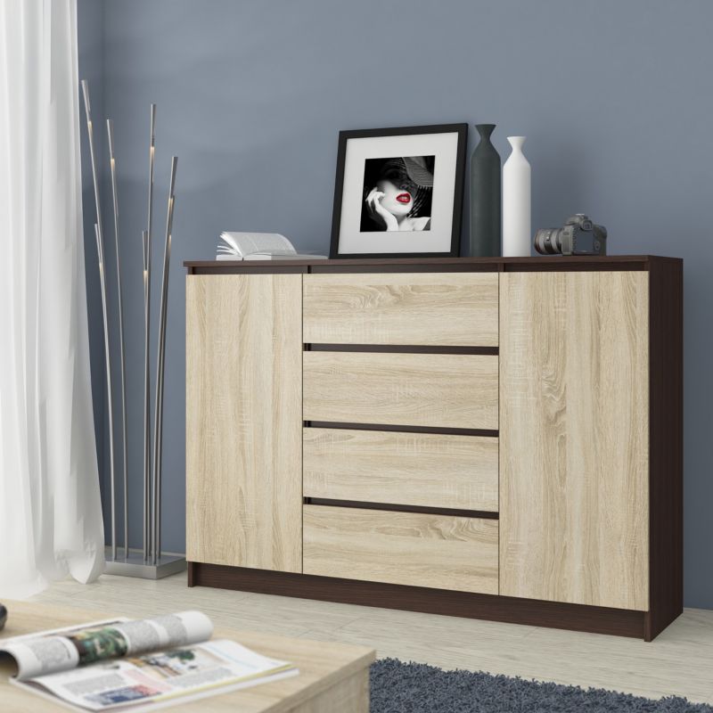 Komoda K140 138 cm 2 Døre 4 Skuffer Eg Sonoma Mat