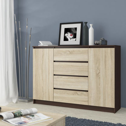 Komoda K140 138 cm 2 Døre 4 Skuffer Eg Sonoma Mat