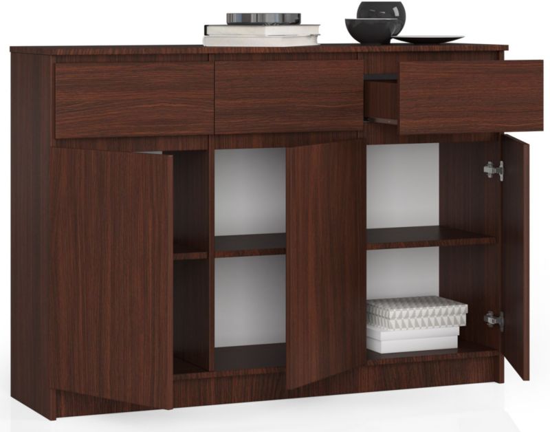 Kommode Akord K140 Wenge 138 cm 3 døre 3 skuffer mat Wenge farve 6 hylder 138x40x99 cm 1 stk.
