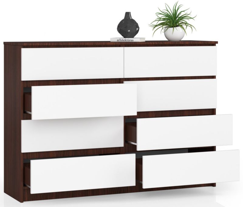 Akord K140 kommode i wenge med 8 skuffer, 138 cm, mat hvid, 138x40x99 cm, 1 stk.
