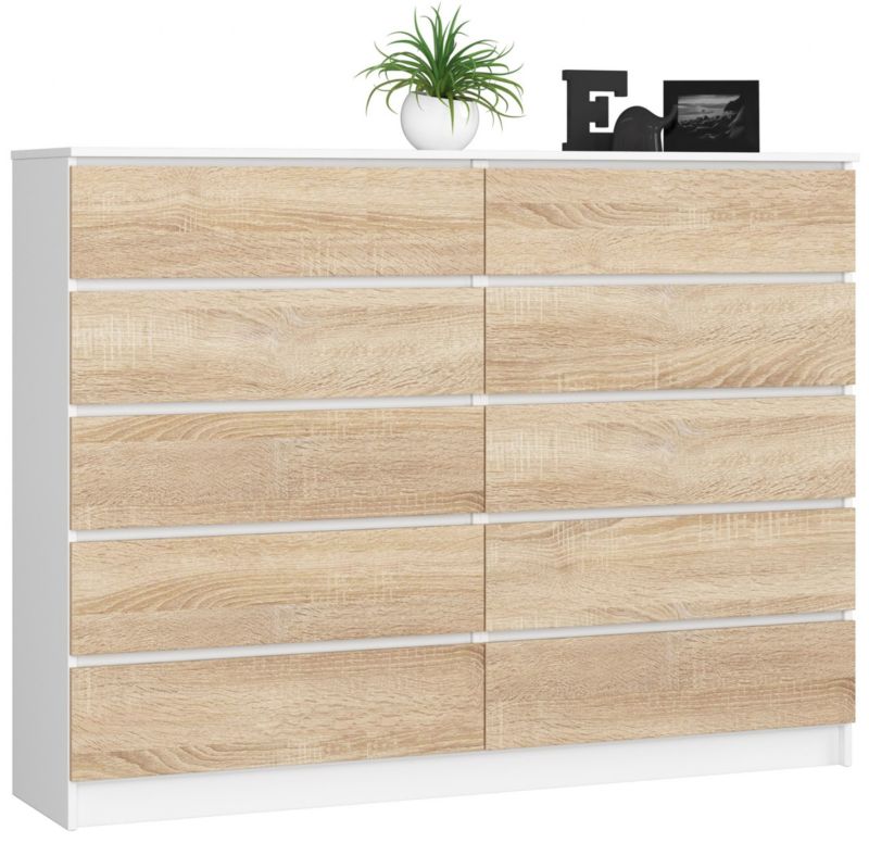 Kommode Akord K160 Hvid 160 cm med 10 skuffer, Sonoma Eg mat, 160x40x121 cm, 1 stk.