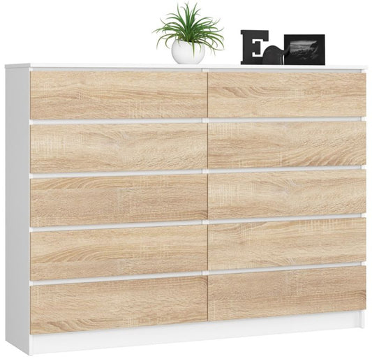 Kommode Akord K160 Hvid 160 cm med 10 skuffer, Sonoma Eg mat, 160x40x121 cm, 1 stk.