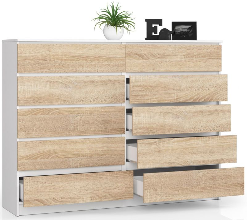 Kommode Akord K160 Hvid 160 cm med 10 skuffer, Sonoma Eg mat, 160x40x121 cm, 1 stk.