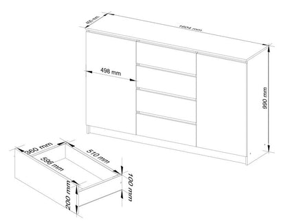 Komoda Akord K160 Hvid 160 cm 2 Låger 4 Skuffer Mat 4 Hylder 160x40x99 cm