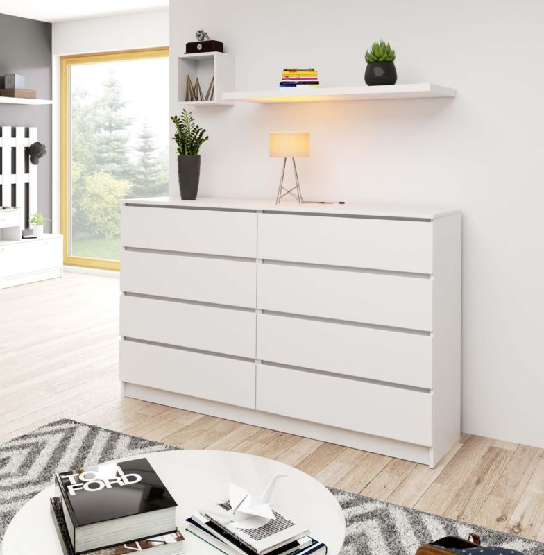 Kommode Akord K160 hvid 160 cm med 8 skuffer, mat hvid, 160x40x99 cm, 1 stk.