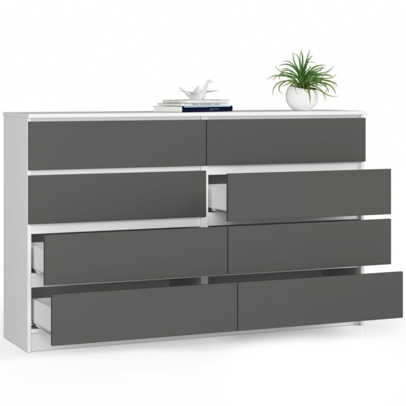 Kommode Akord K160 hvid 160 cm 8 skuffer grafitgrå mat 160x40x99 cm 1 stk.