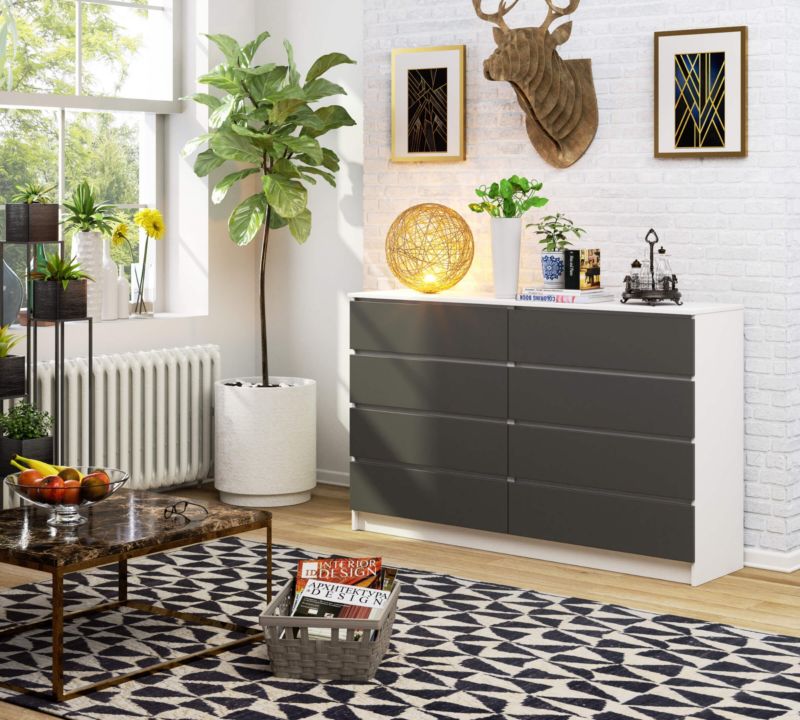 Kommode Akord K160 hvid 160 cm 8 skuffer grafitgrå mat 160x40x99 cm 1 stk.