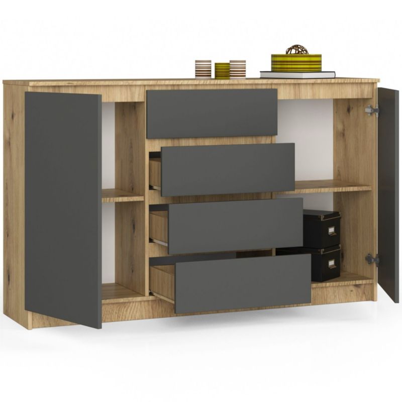 Kommode Akord K160 Eg Artisan 160 cm 2 døre 4 skuffer grafitgrå mat 4 hylder 160x40x99 cm 1 stk.