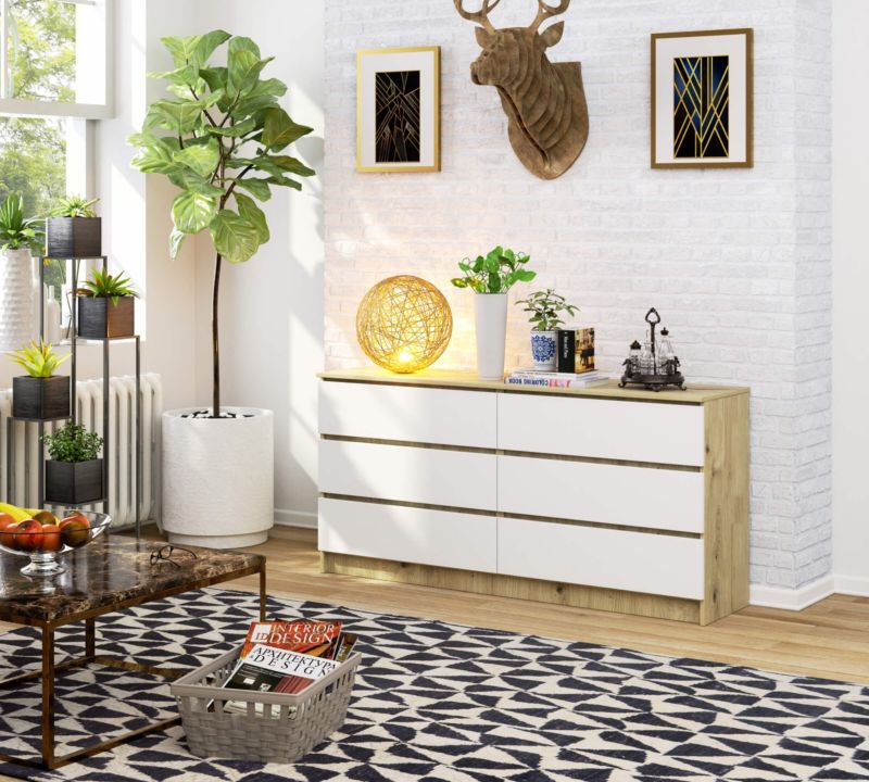 Kommode Akord K160 Eg Artisan 160 cm 6 skuffer hvid mat 160x40x77 cm 1 stk.