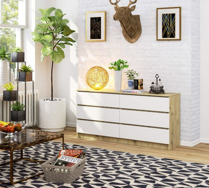 Kommode Akord K160 Eg Artisan 160 cm 6 skuffer hvid mat 160x40x77 cm 1 stk.