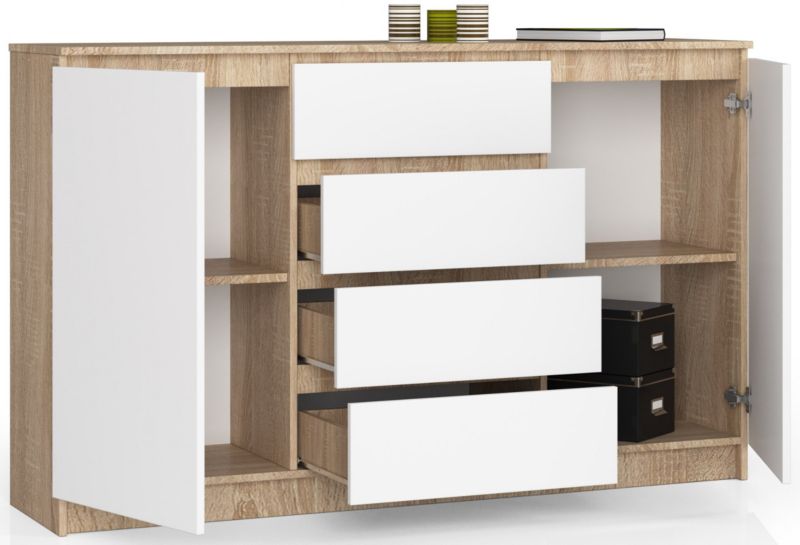 Kommode Akord K160 Eg Sonoma 160 cm 2 døre 4 skuffer hvid mat 4 hylder 160x40x99 cm 1 stk.