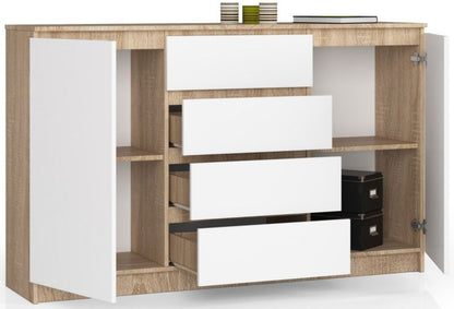 Kommode Akord K160 Eg Sonoma 160 cm 2 døre 4 skuffer hvid mat 4 hylder 160x40x99 cm 1 stk.
