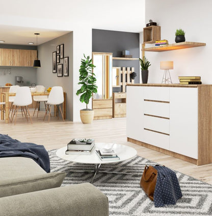 Kommode Akord K160 Eg Sonoma 160 cm 2 døre 4 skuffer hvid mat 4 hylder 160x40x99 cm 1 stk.