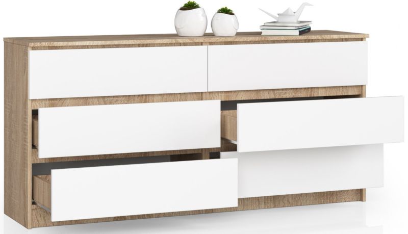 Kommode Akord K160 Eg Sonoma 160 cm 6 skuffer mat hvid 160x40x77 cm 1 stk.