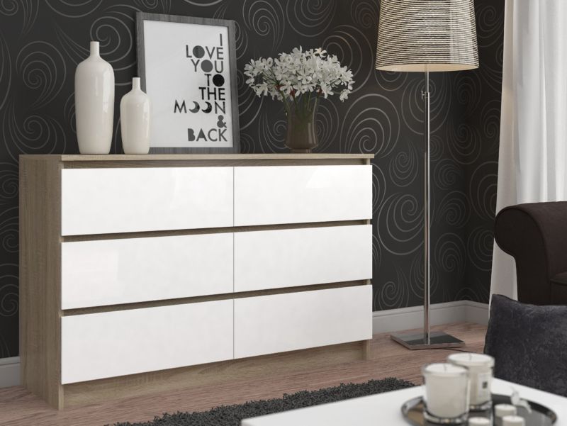 Kommode Akord K160 Eg Sonoma 160 cm 6 skuffer mat hvid 160x40x77 cm 1 stk.