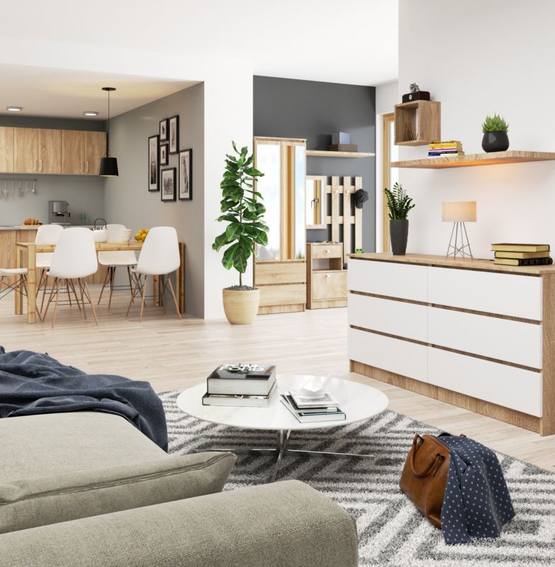 Kommode Akord K160 Eg Sonoma 160 cm 6 skuffer mat hvid 160x40x77 cm 1 stk.