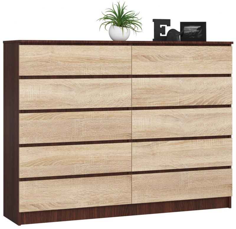 Akord K160 kommode Wenge 160 cm med 10 skuffer i mat Sonoma eg 160x40x121 cm