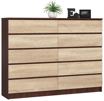 Akord K160 kommode Wenge 160 cm med 10 skuffer i mat Sonoma eg 160x40x121 cm