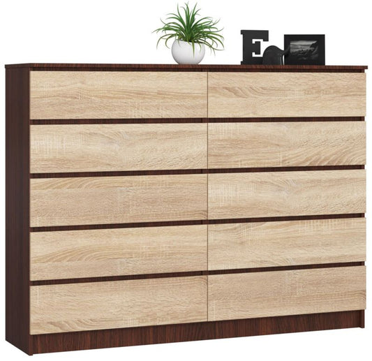 Akord K160 kommode Wenge 160 cm med 10 skuffer i mat Sonoma eg 160x40x121 cm