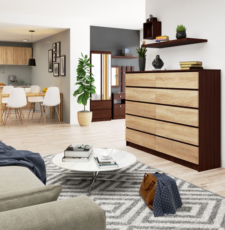 Akord K160 kommode Wenge 160 cm med 10 skuffer i mat Sonoma eg 160x40x121 cm