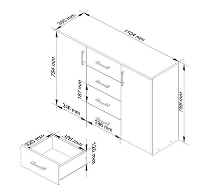 Komoda Akord K45 110 cm Hvid Mat 2 Låger 4 Skuffer 4 Hylder