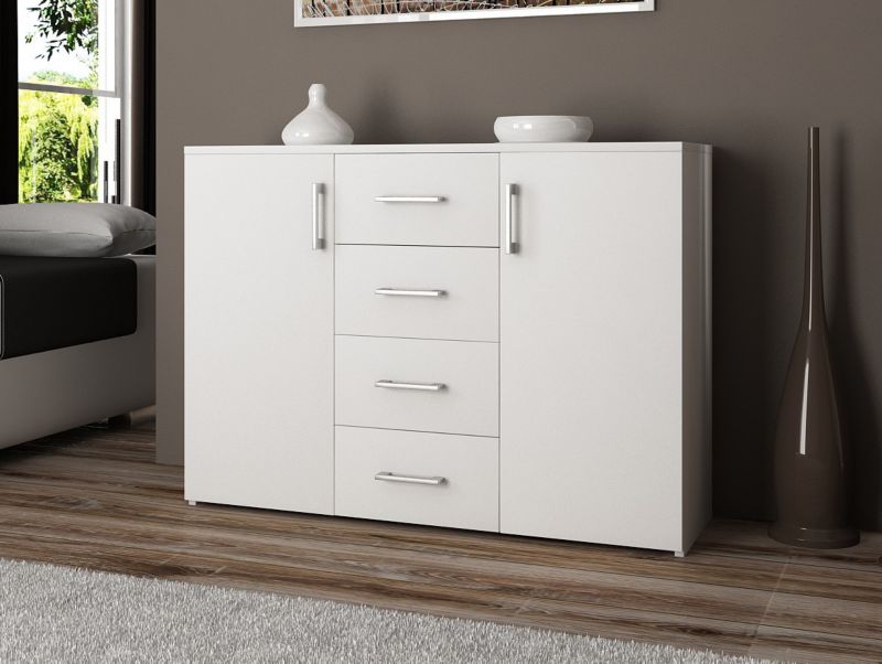 Komoda Akord K45 110 cm Hvid Mat 2 Låger 4 Skuffer 4 Hylder