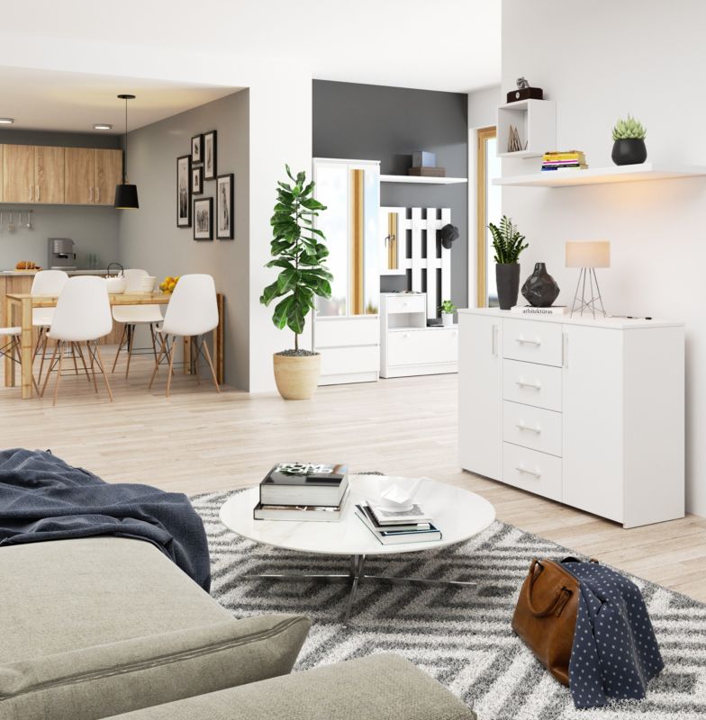 Akord K45 kommode hvid 110 cm 2 døre 4 skuffer mat hvid 4 hylder 110x35x80 cm 1 stk.