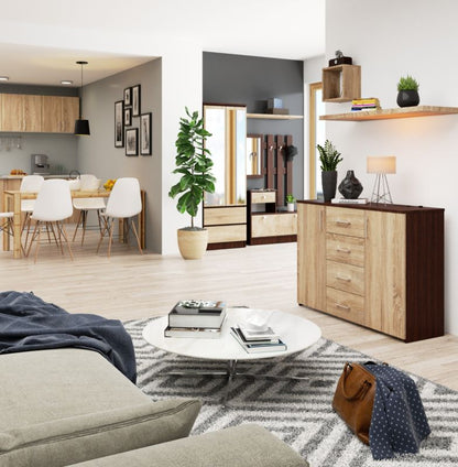 Kommode Akord K45 Wenge 110 cm 2 døre 4 skuffer i mat sonoma eg med 4 hylder 110x35x80 cm 1 stk.