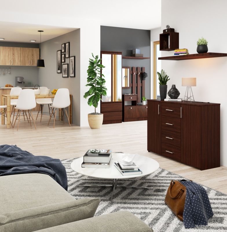 Kommode Akord K45 Wenge 110 cm 2 døre 4 skuffer mat Wenge farve 4 hylder 110x35x80 cm 1 stk.