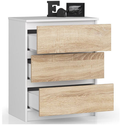 Kommode Akord K60 hvid 60 cm 3 skuffer, farve Sonoma eg mat, 60x40x77 cm, 1 stk.