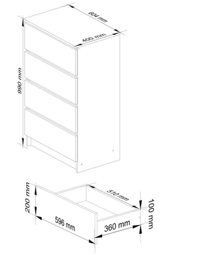Kommode Akord K60 60 cm Hvid 4 skuffer Mat 60x40x99 cm