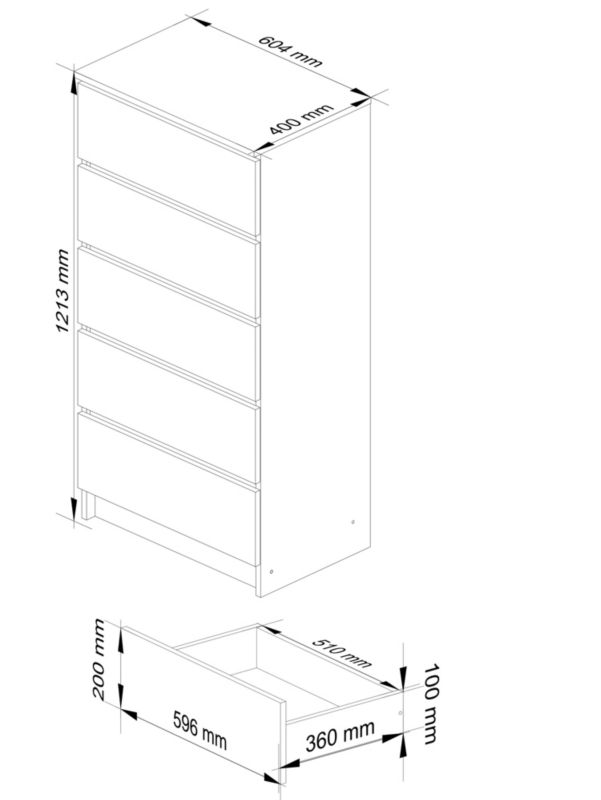 Komoda Akord K60 Hvid 60 cm 5 skuffer Mat 60x40x121 cm