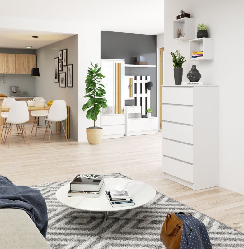 Kommode Akord K60 hvid 60 cm med 5 skuffer, mat hvid, 60x40x121 cm, 1 stk.