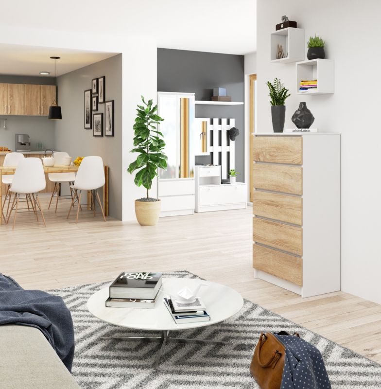 Kommode Akord K60 Hvid 60 cm 5 skuffer i mat sonoma eg 60x40x121 cm 1 stk.