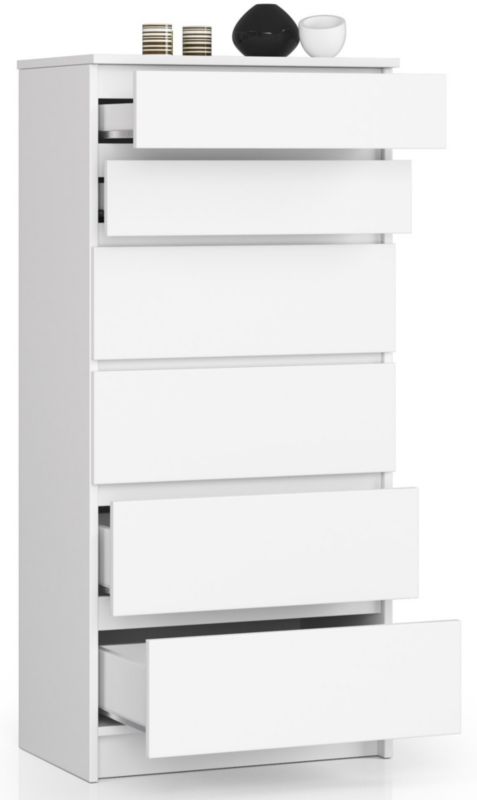 Kommode Akord K60 Hvid 60 cm med 6 skuffer, mat hvid, 60x40x130 cm, 1 stk.