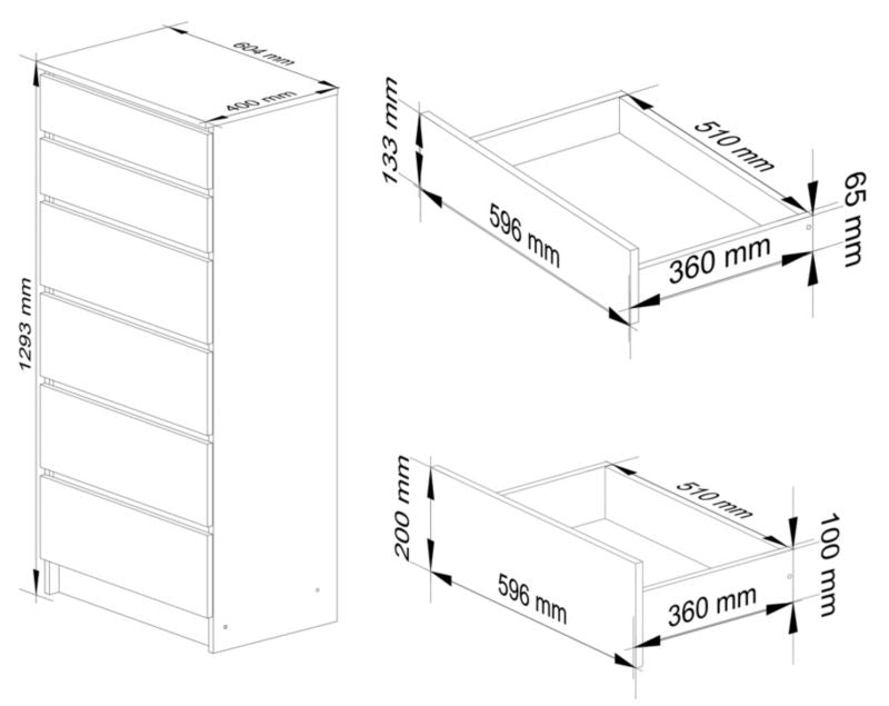 Kommode K60 60 cm Hvid Mat 6 Skuffer 60x40x130 cm
