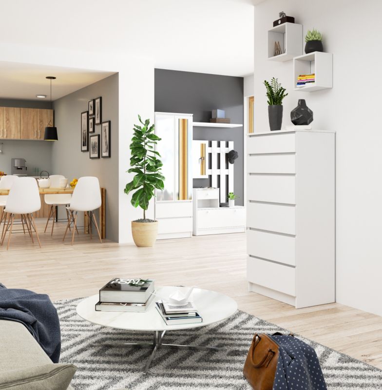 Kommode Akord K60 Hvid 60 cm med 6 skuffer, mat hvid, 60x40x130 cm, 1 stk.