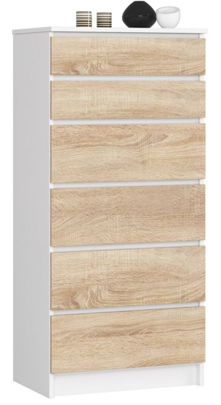 Kommode Akord K60 Hvid 60 cm med 6 skuffer, Sonoma Eg mat, 60x40x130 cm, 1 stk.