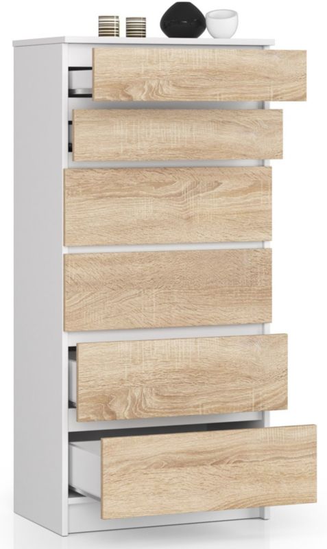 Kommode Akord K60 Hvid 60 cm med 6 skuffer, Sonoma Eg mat, 60x40x130 cm, 1 stk.