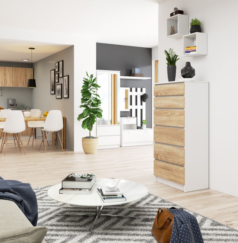 Kommode Akord K60 Hvid 60 cm med 6 skuffer, Sonoma Eg mat, 60x40x130 cm, 1 stk.