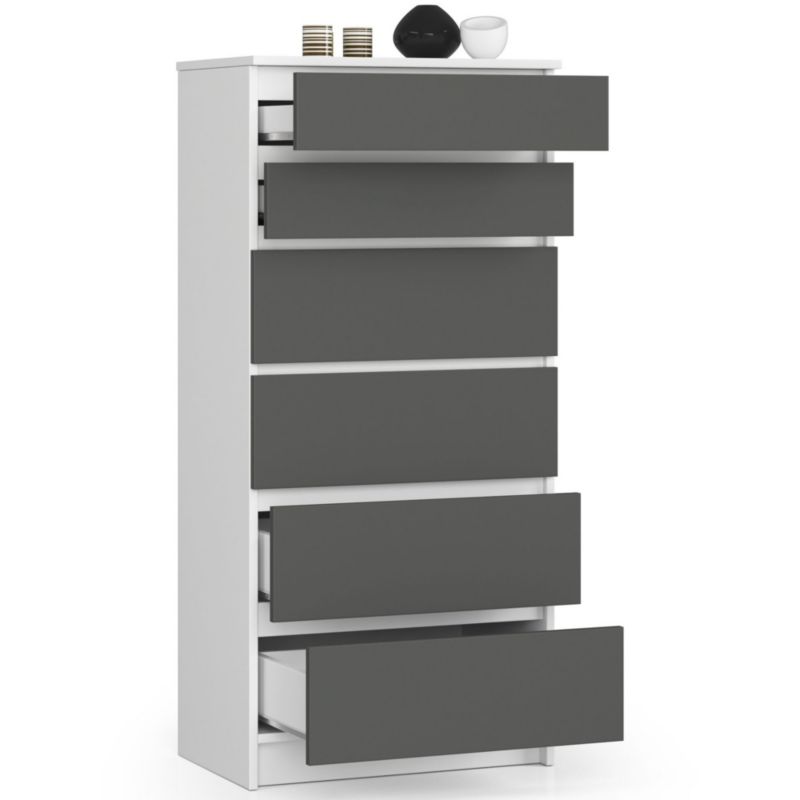 Kommode Akord K60 Hvid 60 cm med 6 skuffer, mat grafitgrå, 60x40x130 cm, 1 stk.