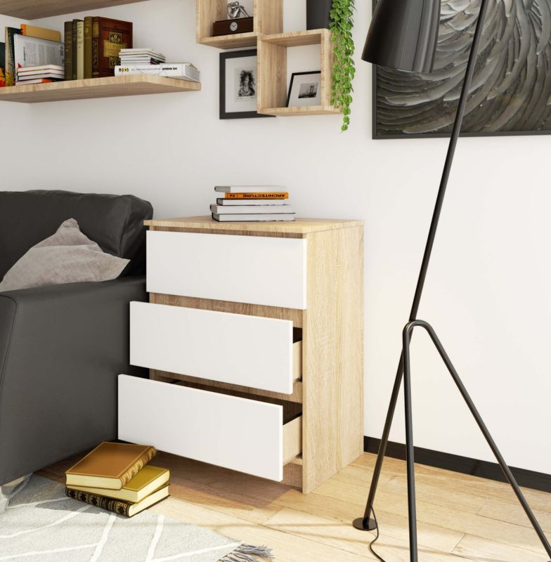 Akord K60 kommode i Sonoma eg 60 cm med 3 skuffer, mat hvid, 60x40x77 cm, 1 stk.