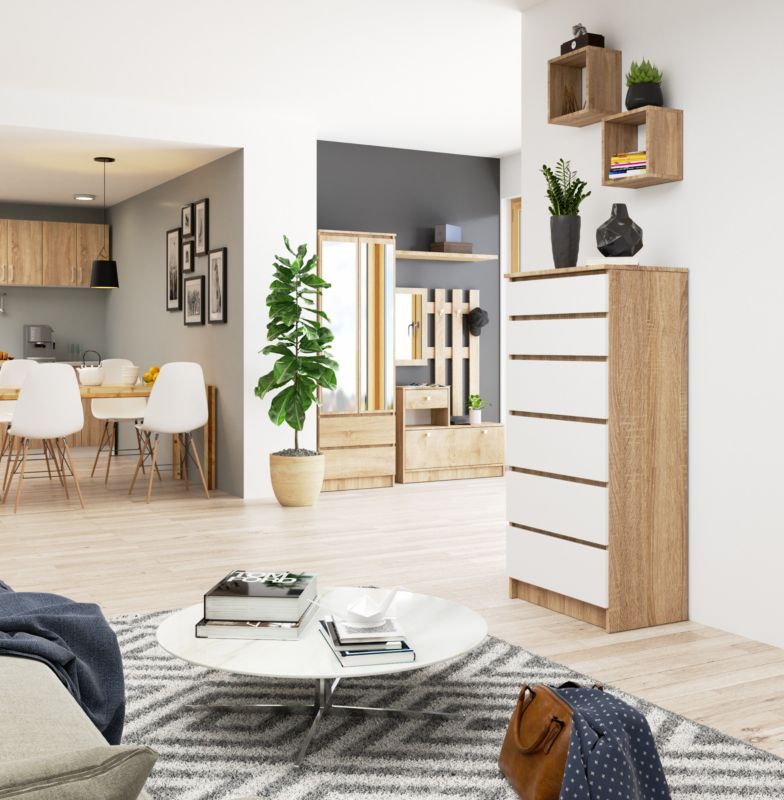 Kommode Akord K60 Eg Sonoma 60 cm 6 skuffer hvid mat 60x40x130 cm 1 stk.