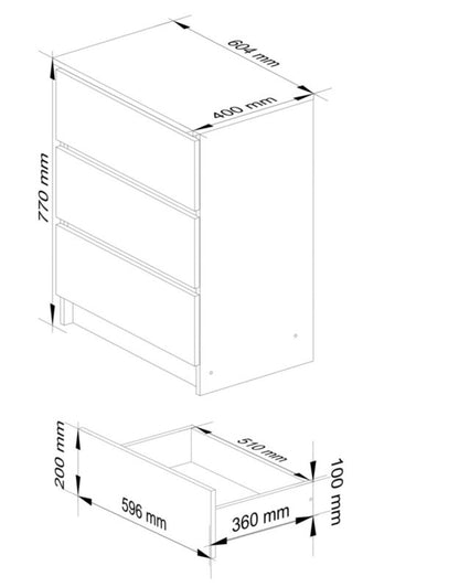 Komoda K60 60 cm 3 Skuffer Grå Eg Artisan Mat