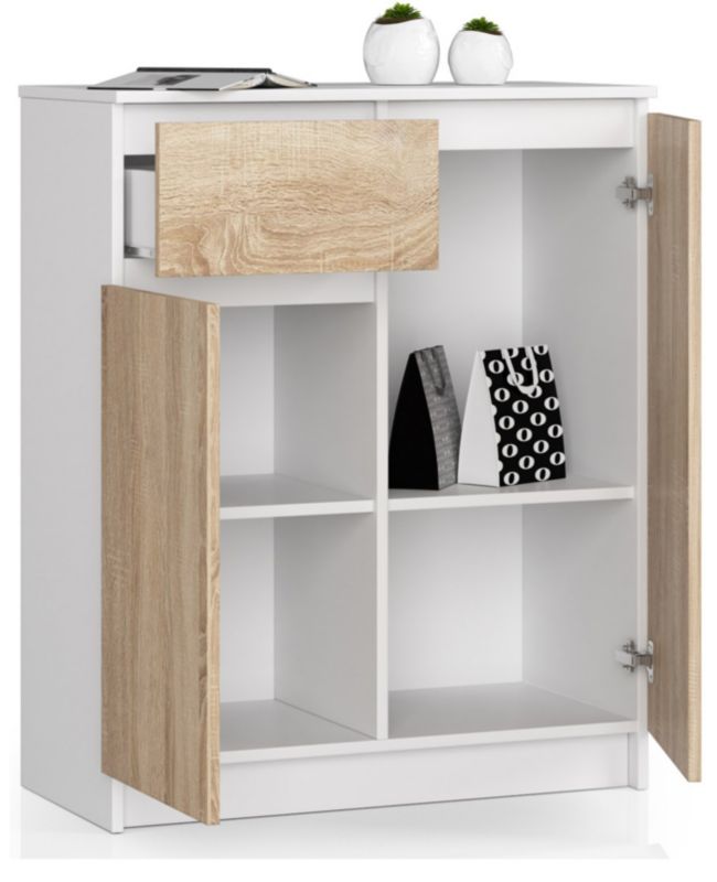 Kommode Akord K80 hvid 80 cm 2 døre 1 skuffe farve Sonoma eg mat 4 hylder 80x40x99 cm 1 stk.
