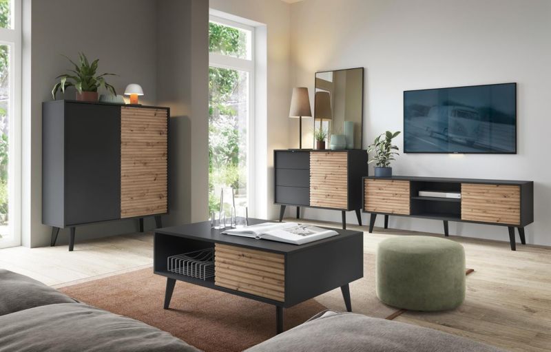 Høj kommode Bettso Willow med to døre, 104 cm, rillede front i sort eg artisan, 1 stk.