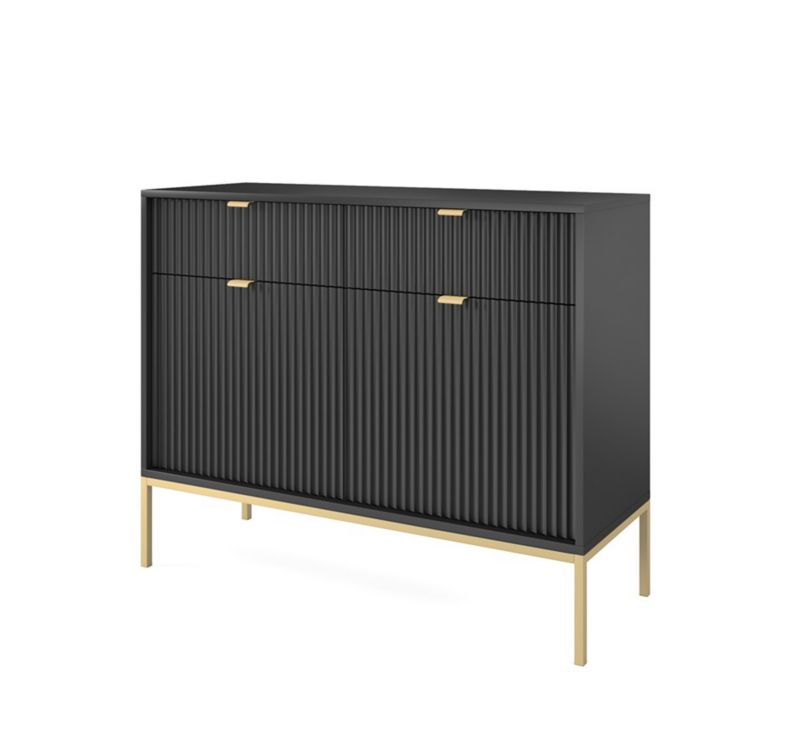 Kommode med to døre og skuffer Bettso Nova 104 cm på guldfarvede ben, sort, 1 stk.