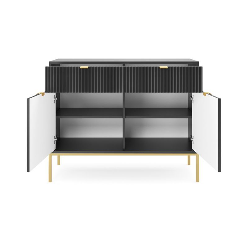 Kommode med to døre og skuffer Bettso Nova 104 cm på guldfarvede ben, sort, 1 stk.