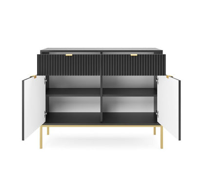 Kommode med to døre og skuffer Bettso Nova 104 cm på guldfarvede ben, sort, 1 stk.